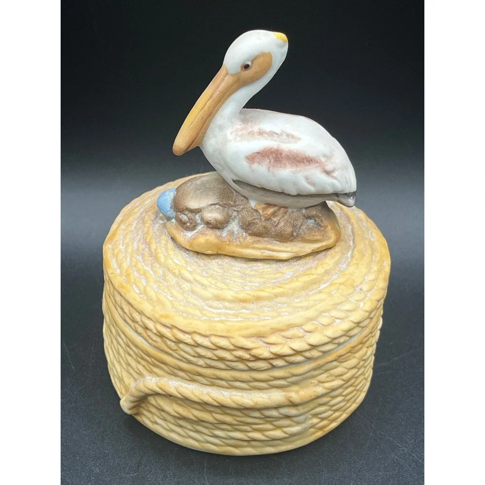 Ceramic Pelican Rope Trinket Box Lid Coastal Nautical Bird Figurine 4.25